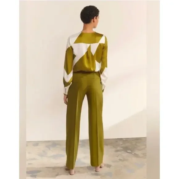 The Fold Pants 6 Talia Pleated Wool Straight Leg Trouser Olive Green Work Office